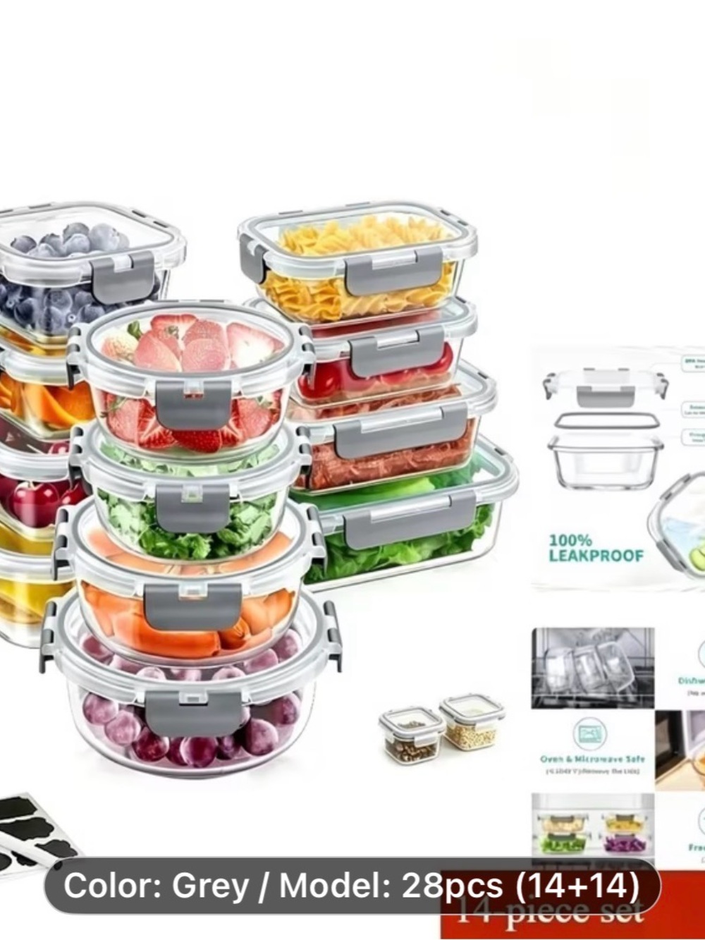 Gray Airtight Glass Food Storage Container Set - 28pc